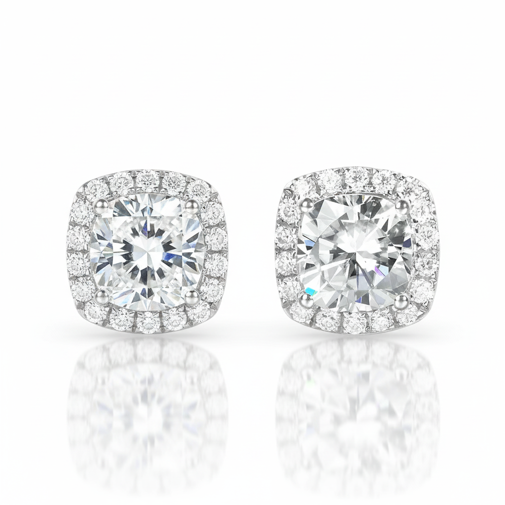 14k White Gold 6mm Cushion Cut Diamond Option Halo Stud Earrings-Black Diamonds New York