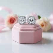 14k White Gold 6mm Cushion Cut Diamond Option Halo Stud Earrings-Black Diamonds New York
