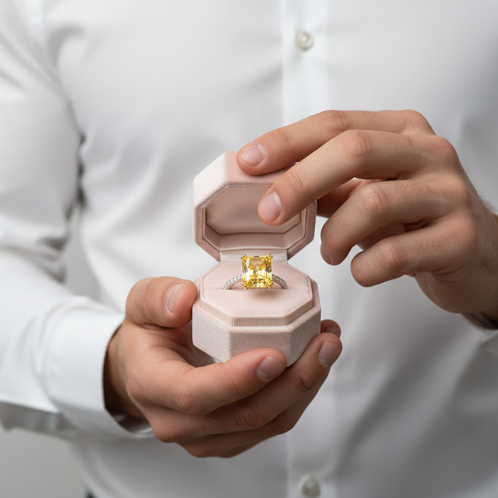 Person holding a pink jewelry box with a yellow diamond ring inside, wearing a white shirt.
