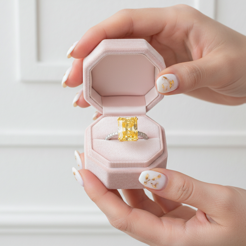 Hand holding a pink jewelry box with a yellow diamond ring inside against a white background