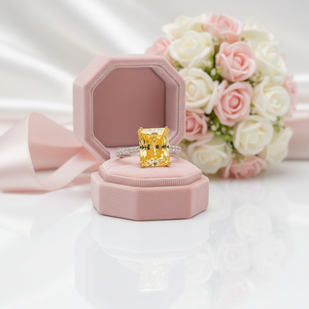 Gold ring in a pink box with flowers in the background