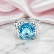 14k White Gold 9.65ct Cushion Swiss Blue Topaz Diamond Option-Black Diamonds New York