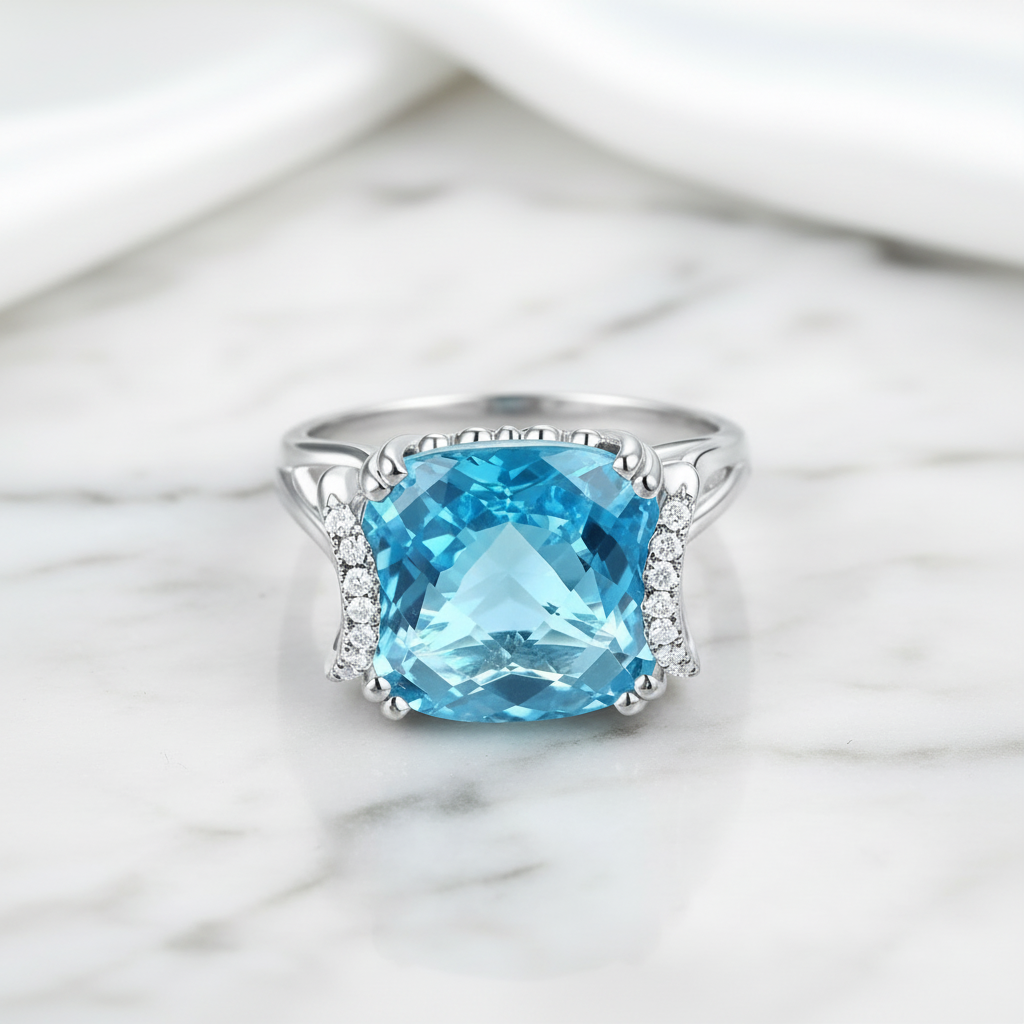 14k White Gold 9.65ct Cushion Swiss Blue Topaz Diamond Option-Black Diamonds New York