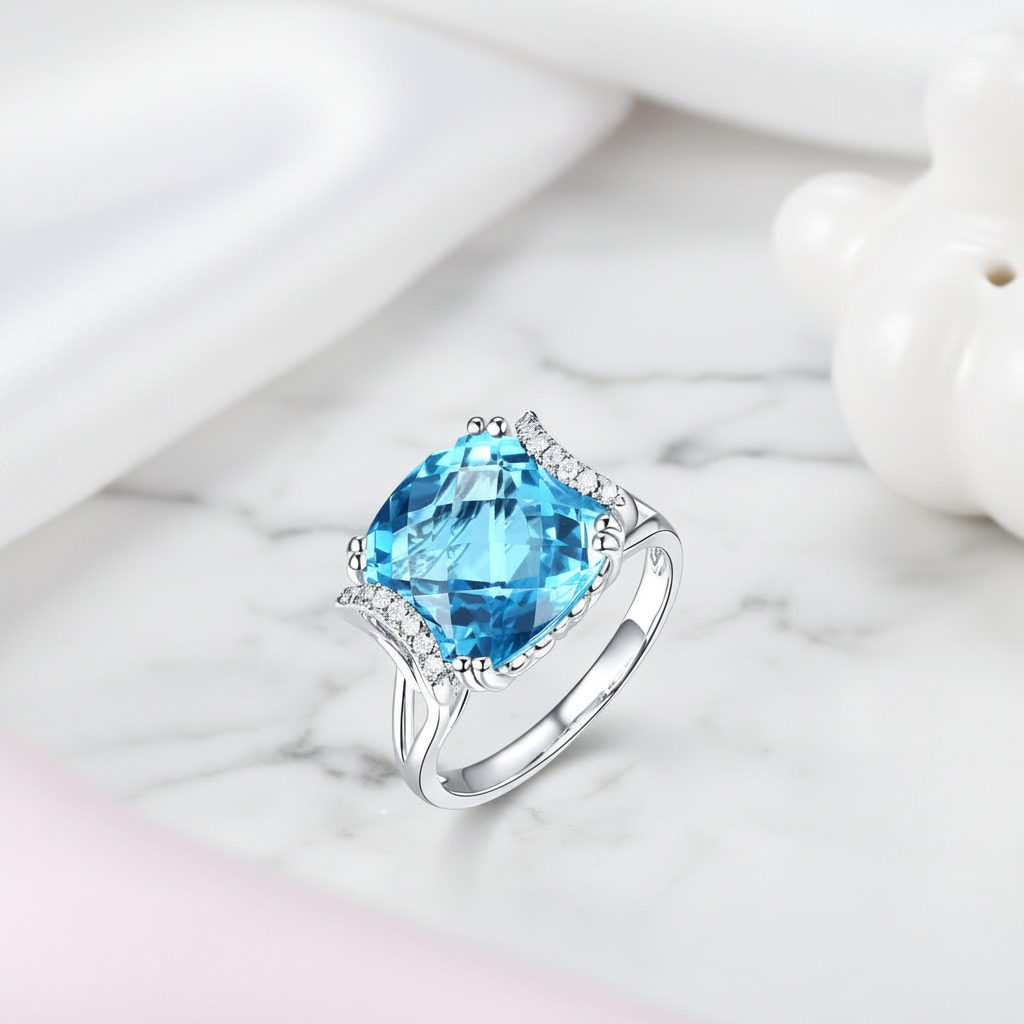 14k White Gold 9.65ct Cushion Swiss Blue Topaz Diamond Option-Black Diamonds New York