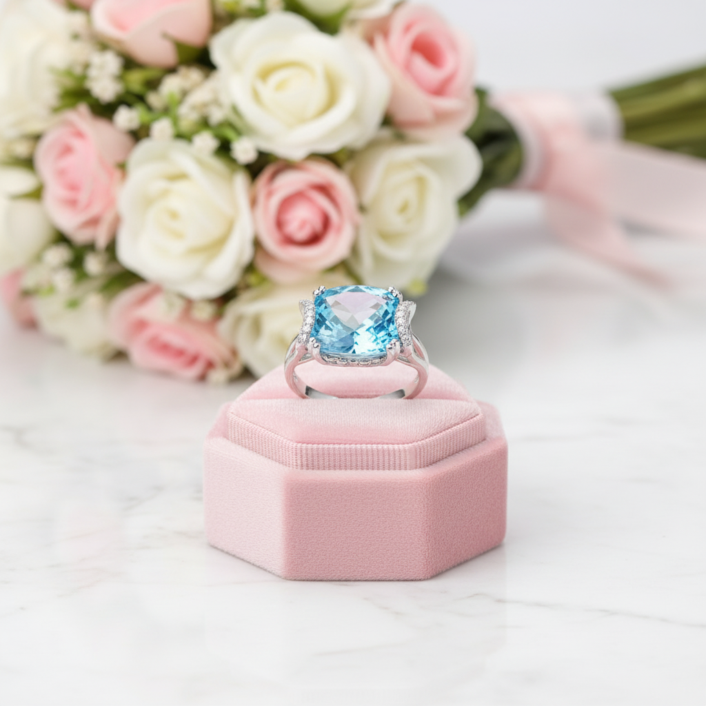 14k White Gold 9.65ct Cushion Swiss Blue Topaz Diamond Option-Black Diamonds New York