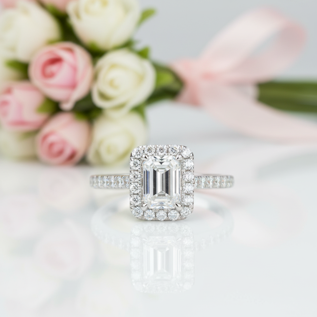 14k White Gold 1.0 Ct Emerald Cut Diamond Option Halo Engagement Ring-Black Diamonds New York