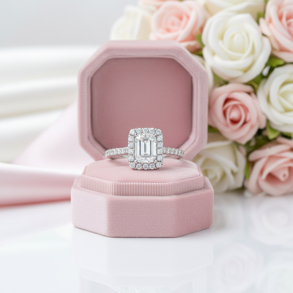 14k White Gold 1.0 Ct Emerald Cut Diamond Option Halo Engagement Ring-Black Diamonds New York