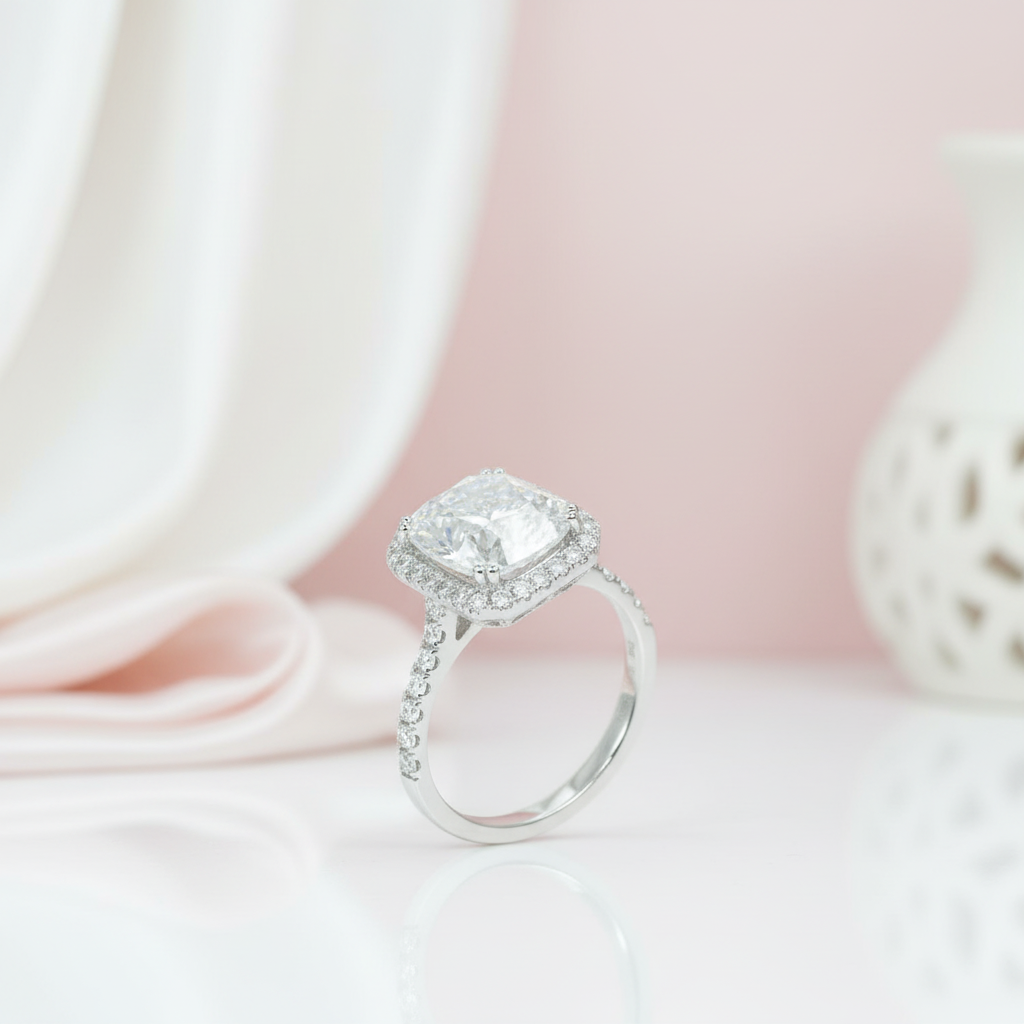 14k White Gold Classic Luxury 5ct 9*11mm Cushion Cut Halo Engagement Ring-Black Diamonds New York