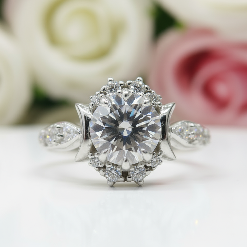 14k White Gold Crescent Moon Ring with 1.0 Ct Round Cut Grey Diamond-Black Diamonds New York