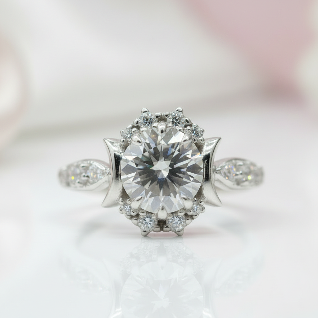 14k White Gold Crescent Moon Ring with 1.0 Ct Round Cut Grey Diamond-Black Diamonds New York