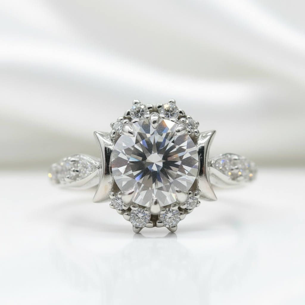 14k White Gold Crescent Moon Ring with 1.0 Ct Round Cut Grey Diamond-Black Diamonds New York