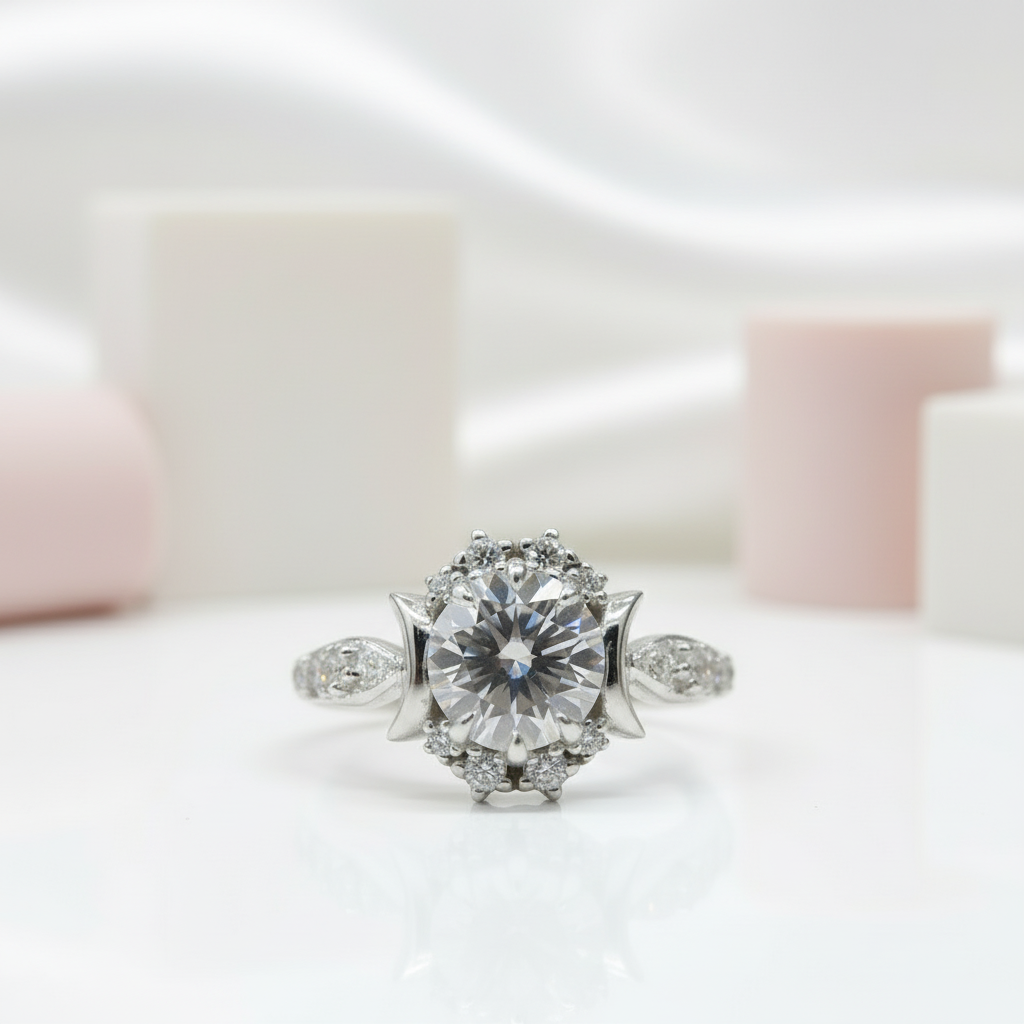 14k White Gold Crescent Moon Ring with 1.0 Ct Round Cut Grey Diamond-Black Diamonds New York