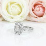 14k White Gold Emerald Cut Double Halo Diamond Engagement Ring-Black Diamonds New York