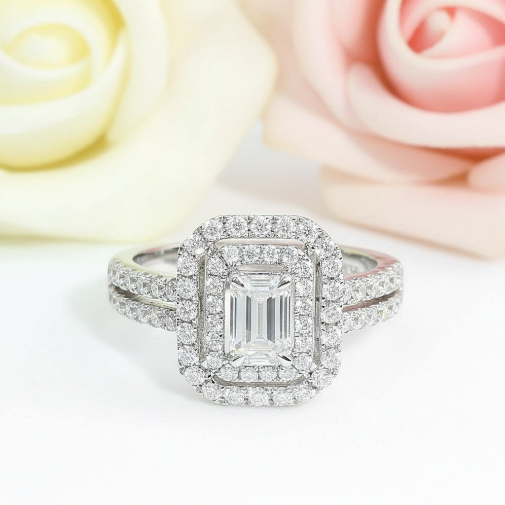 14k White Gold Emerald Cut Double Halo Diamond Engagement Ring-Black Diamonds New York