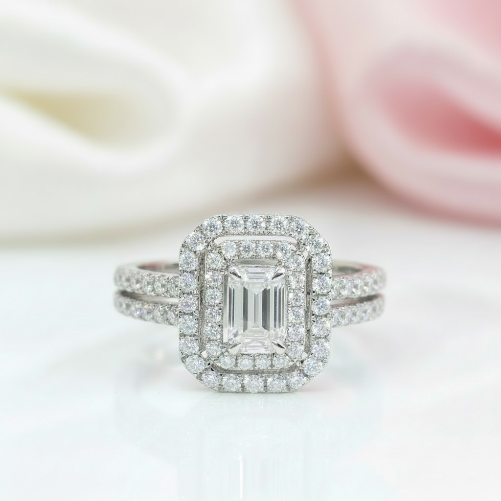 14k White Gold Emerald Cut Double Halo Diamond Option Engagement Ring-Black Diamonds New York