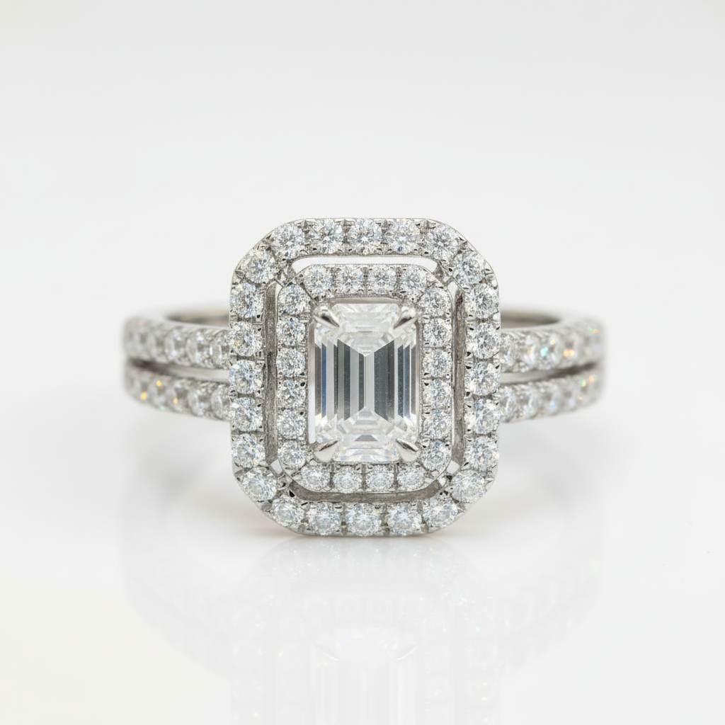 14k White Gold Emerald Cut Double Halo Diamond Option Engagement Ring-Black Diamonds New York