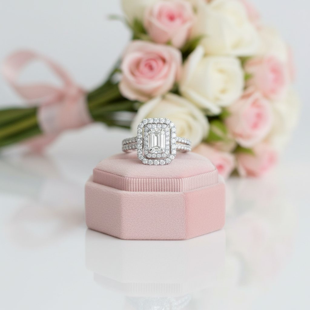 14k White Gold Emerald Cut Double Halo Diamond Option Engagement Ring-Black Diamonds New York