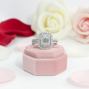 14k White Gold Emerald Cut Double Halo Diamond Engagement Ring-Black Diamonds New York