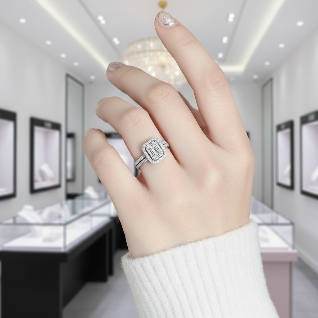 14k White Gold Emerald Cut Double Halo Diamond Option Engagement Ring-Black Diamonds New York