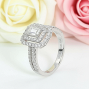 14k White Gold Emerald Cut Double Halo Diamond Engagement Ring-Black Diamonds New York