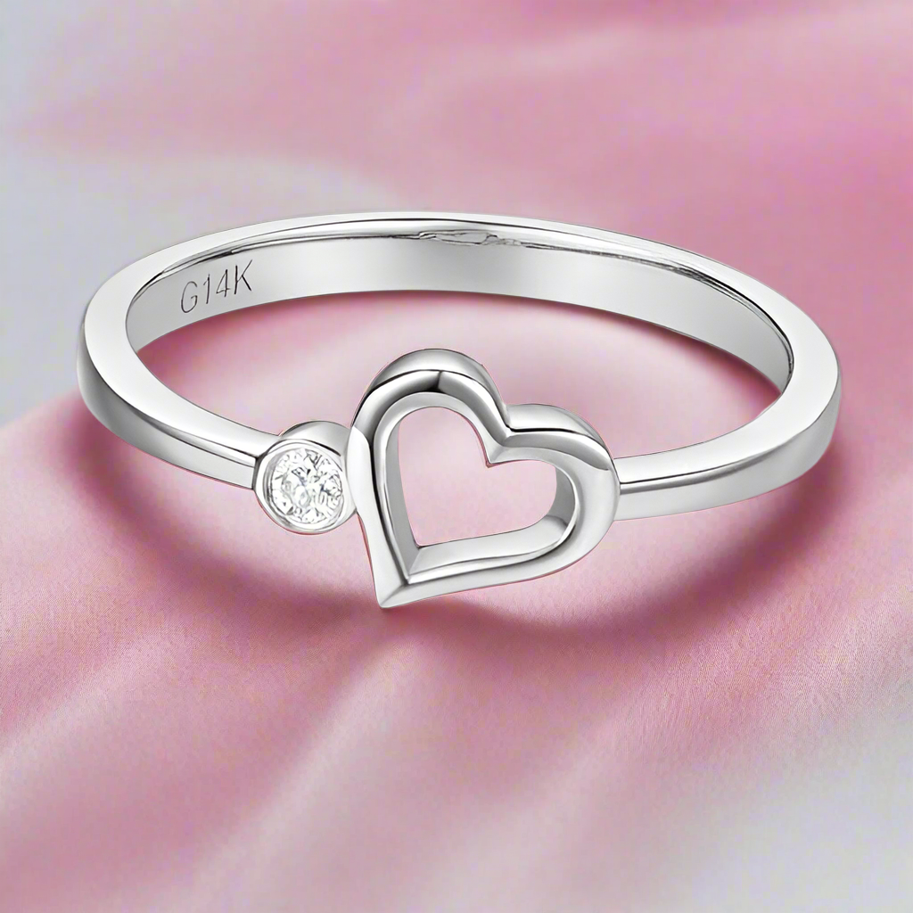 14K White Gold Heart Ring 0.02ct Natural Diamond-Black Diamonds New York