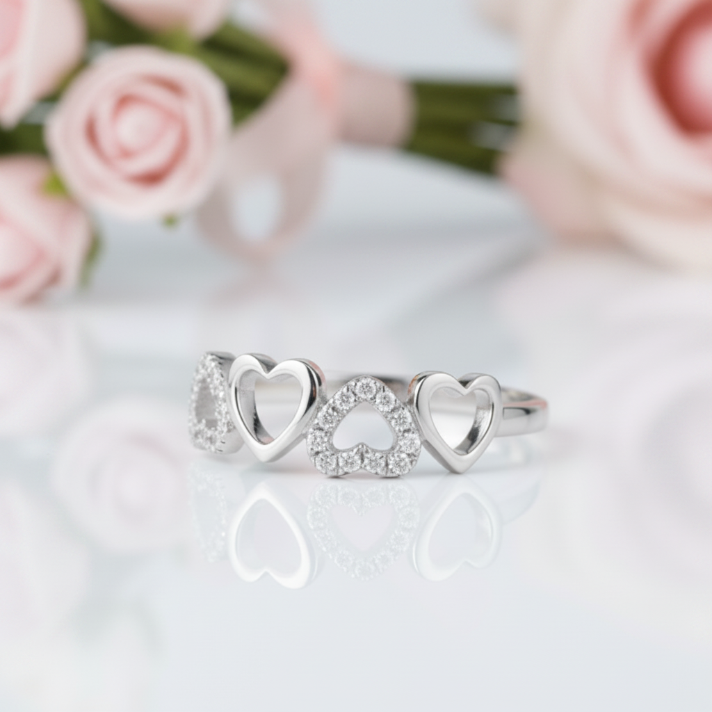 14k White Gold Heart Ring 0.12ct Natural Diamond Option-Black Diamonds New York