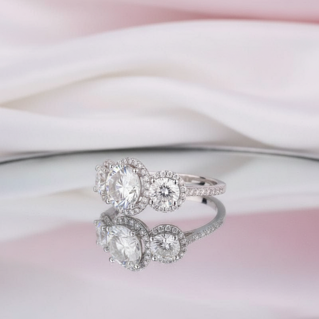 14k White Gold Diamond Three-Stone Halo Engagement Ring-Black Diamonds New York