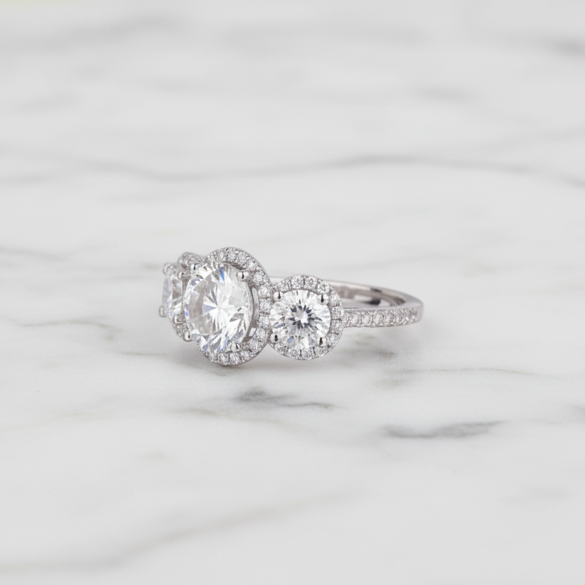 14k White Gold Diamond Three-Stone Halo Engagement Ring-Black Diamonds New York