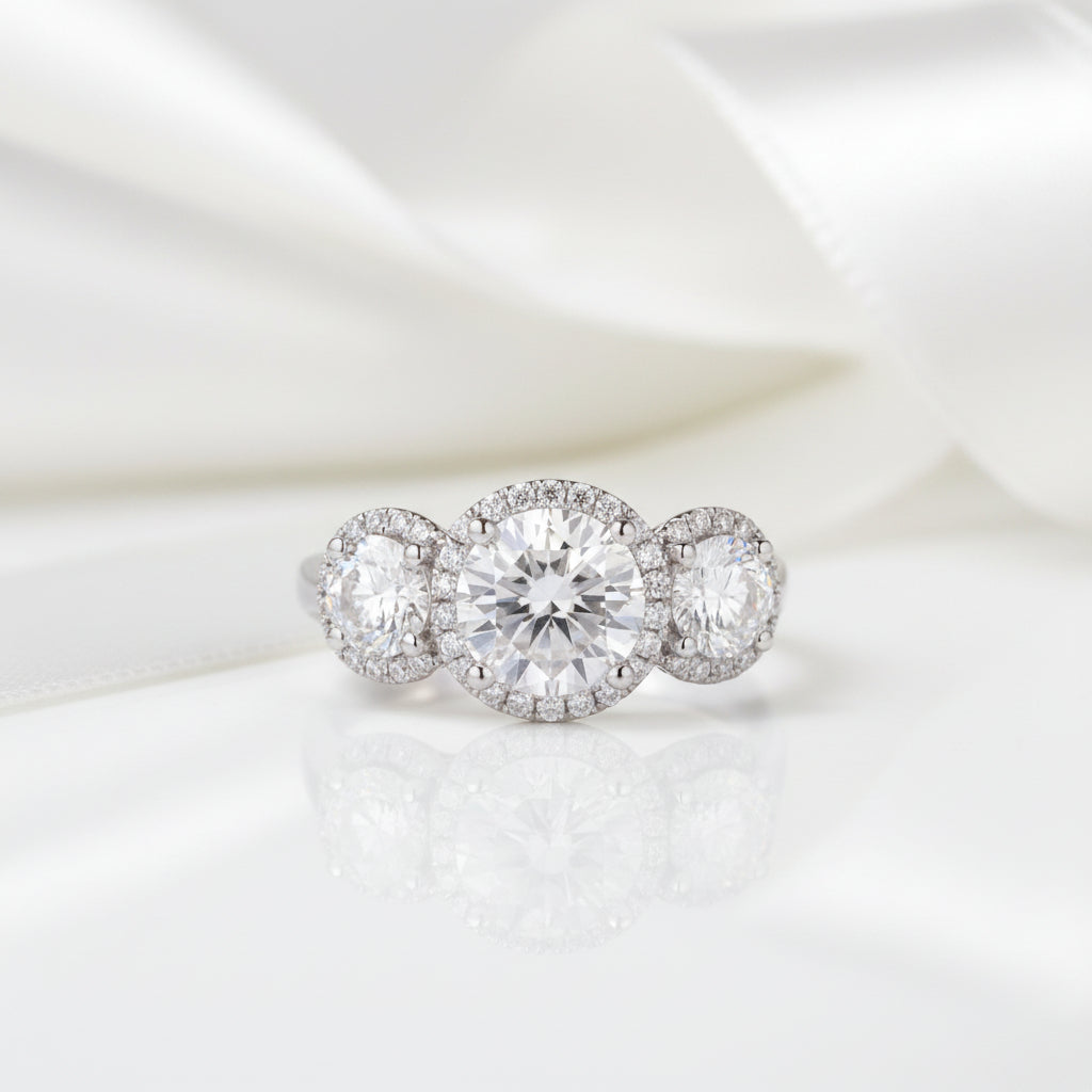 14k White Gold Diamond Option Three-Stone Halo Engagement Ring-Black Diamonds New York