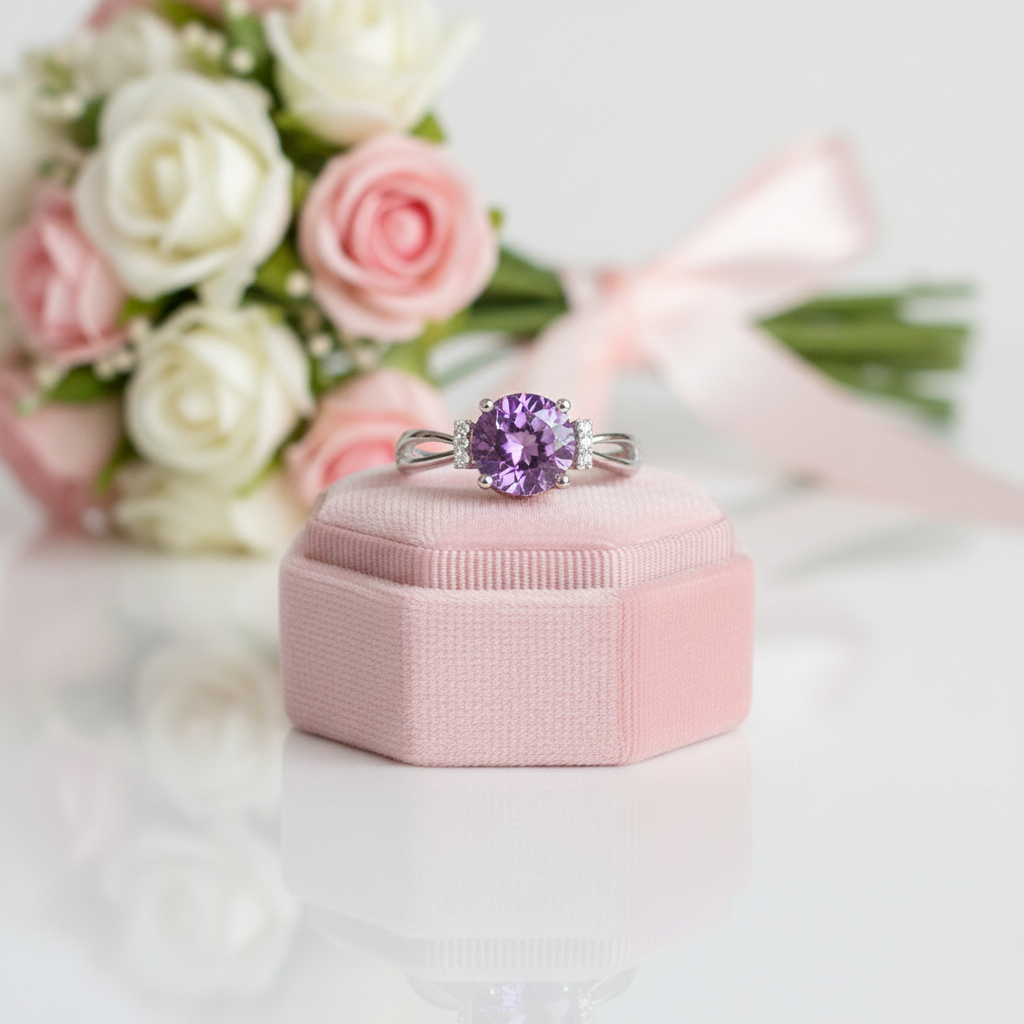 14k White Gold Purple Amethyst Diamond Option Ring-Black Diamonds New York