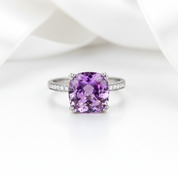 14k White Gold Purple Cushion Cut Amethyst Ring-Black Diamonds New York