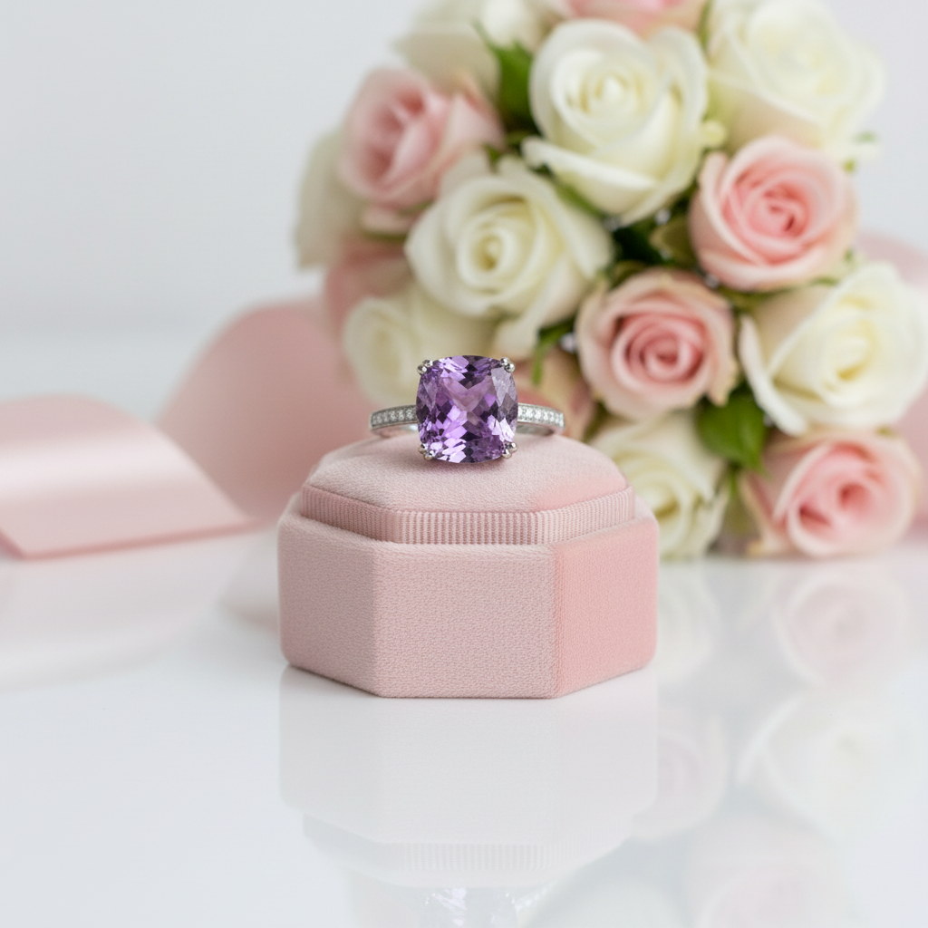 14k White Gold Purple Cushion Cut Amethyst Ring-Black Diamonds New York