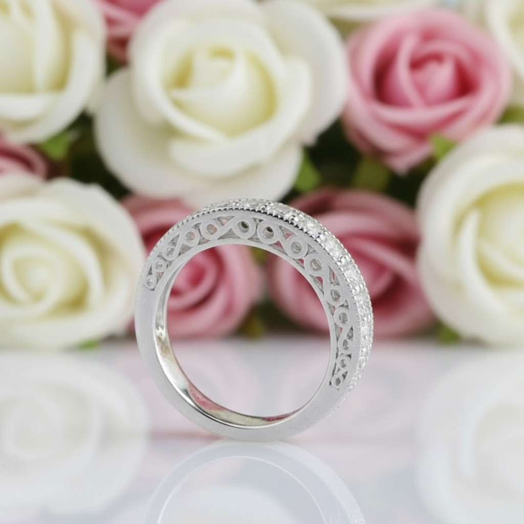 14k White Gold Round Cut Diamond Stack Half Eternity Wedding Band-Black Diamonds New York