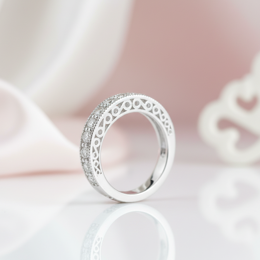14k White Gold Round Cut Diamond Option Stack Half Eternity Wedding Band-Black Diamonds New York