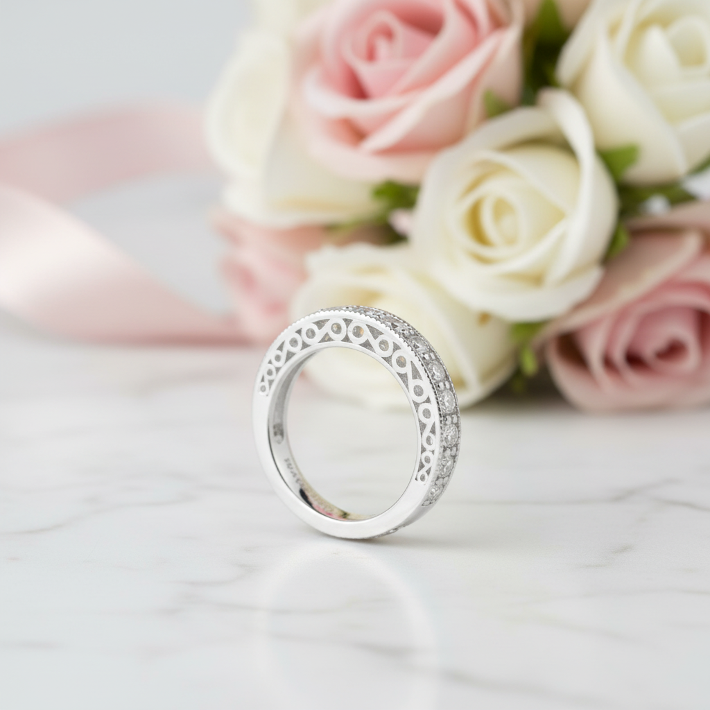 14k White Gold Round Cut Diamond Option Stack Half Eternity Wedding Band-Black Diamonds New York
