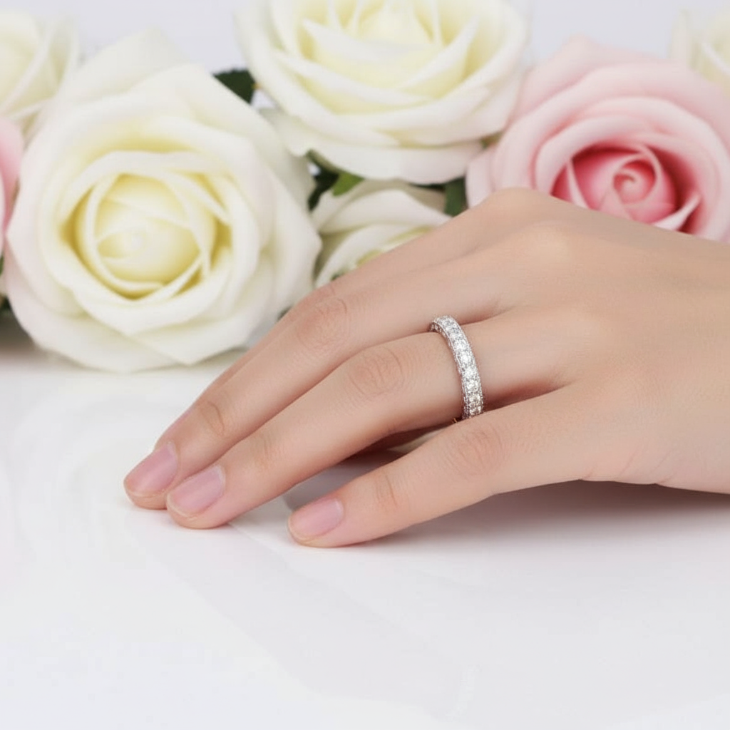 14k White Gold Round Cut Diamond Stack Half Eternity Wedding Band-Black Diamonds New York