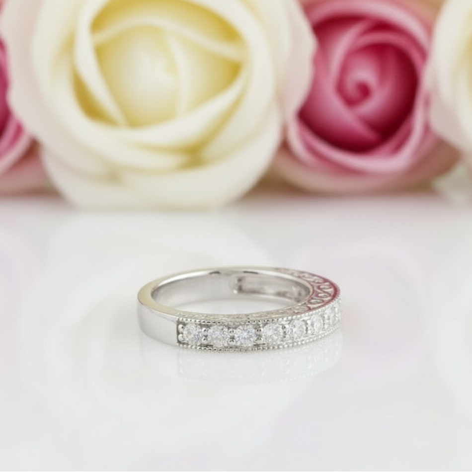 14k White Gold Round Cut Diamond Stack Half Eternity Wedding Band-Black Diamonds New York