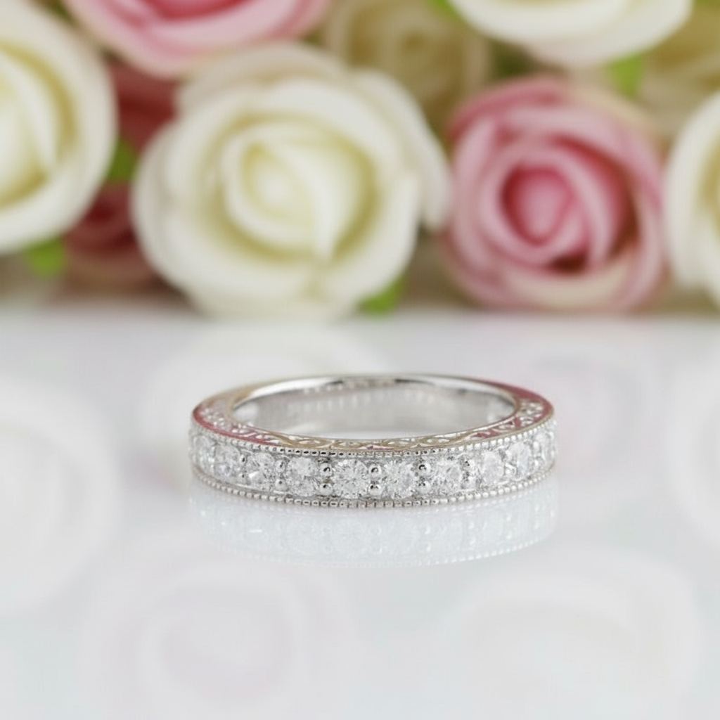 14k White Gold Round Cut Diamond Stack Half Eternity Wedding Band-Black Diamonds New York