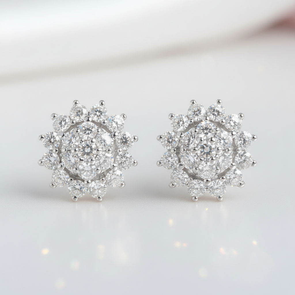 14K White Gold Sunflower Halo CVD Lab Diamond Option Stud Earrings-Black Diamonds New York