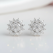 14K White Gold Sunflower Halo CVD Lab Diamond Option Stud Earrings-Black Diamonds New York