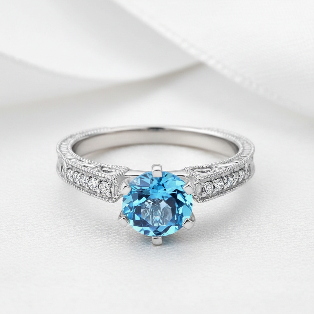 14k White Gold Swiss Blue Topaz Diamond Option Vintage Ring-Black Diamonds New York