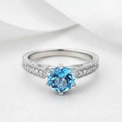14k White Gold Swiss Blue Topaz Diamond Option Vintage Ring-Black Diamonds New York