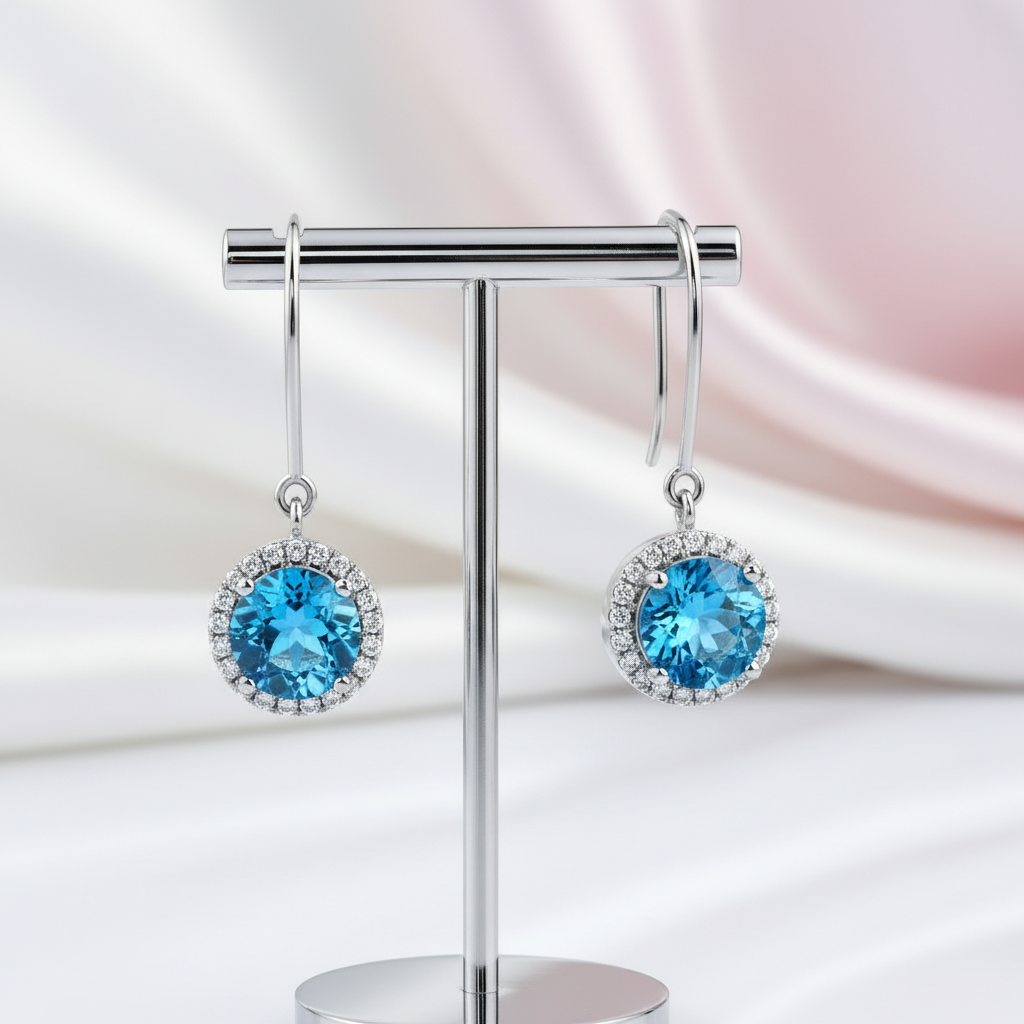 14k White Gold Swiss Blue Topaz with 0.298 Ct Diamond Option Earrings-Black Diamonds New York