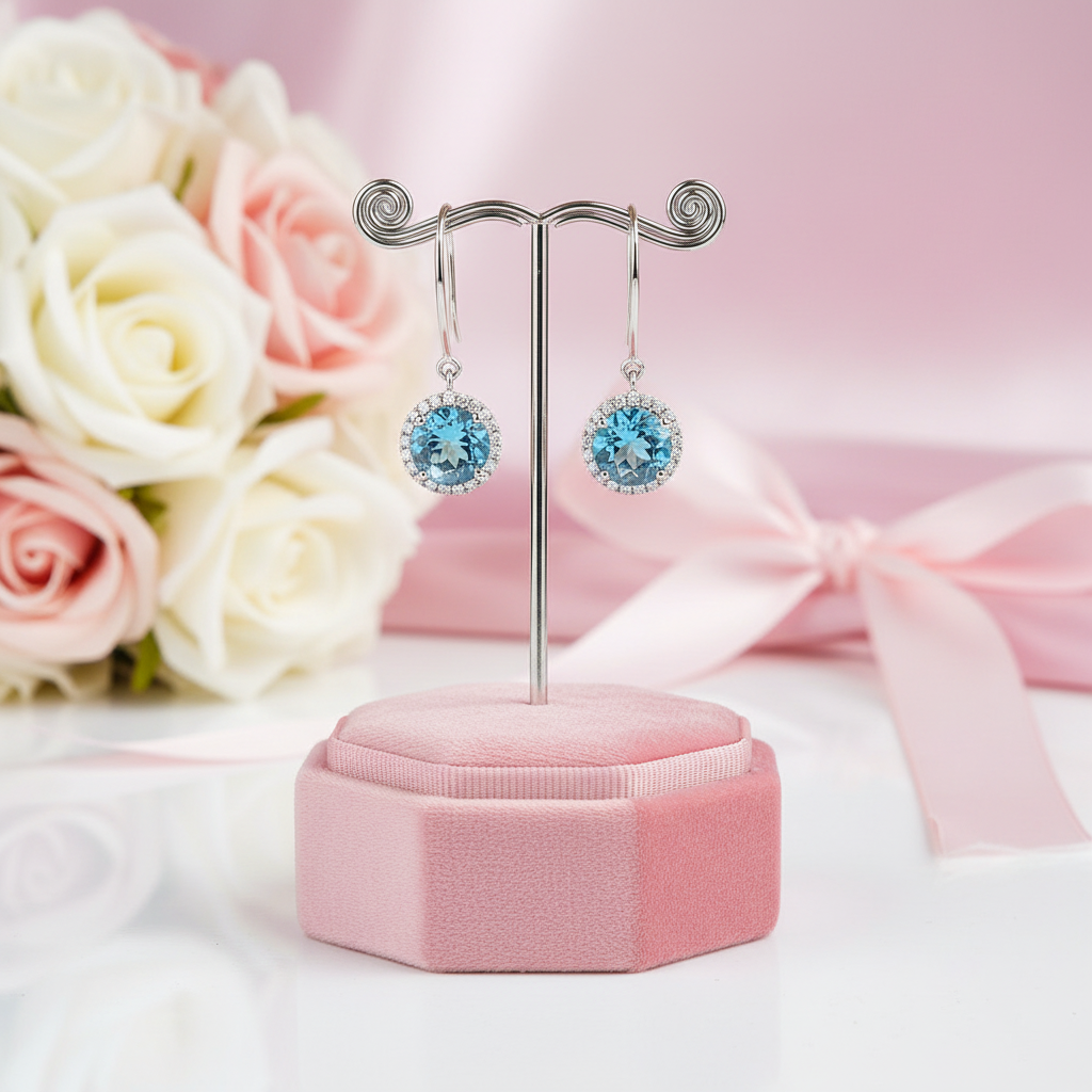 14k White Gold Swiss Blue Topaz with 0.298 Ct Diamond Option Earrings-Black Diamonds New York