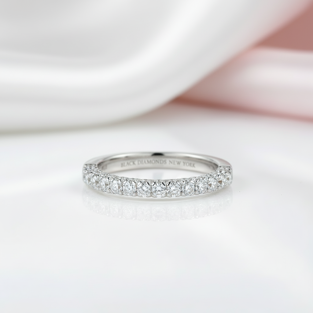 14k White Gold Three Side Half Eternity Wedding Band-Black Diamonds New York