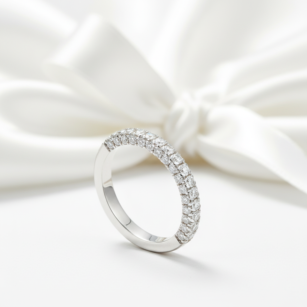 14k White Gold Three Side Half Eternity Wedding Band-Black Diamonds New York