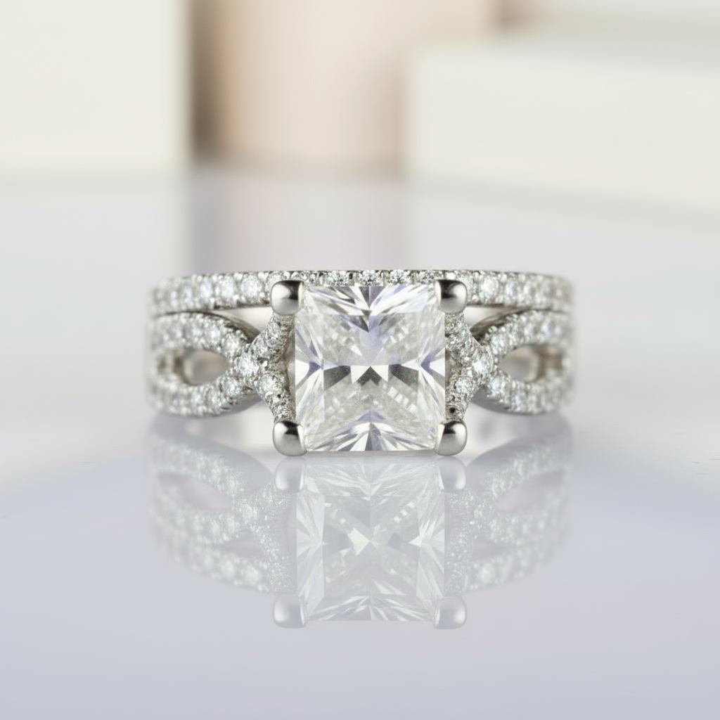 14K White Gold Twist Band 1ct Princess Cut Diamond Ring-Black Diamonds New York