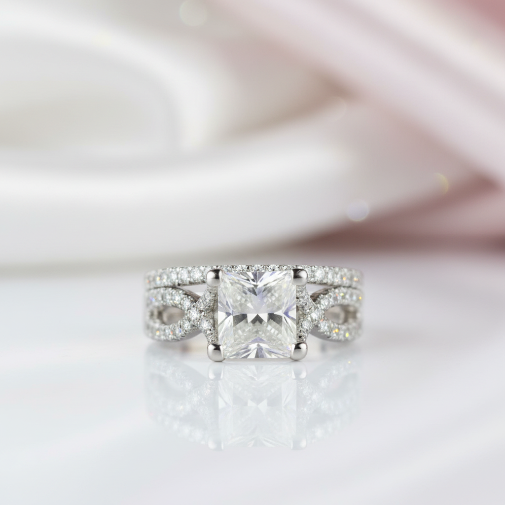 14K White Gold Twist Band 1ct Princess Cut Diamond Option Ring-Black Diamonds New York
