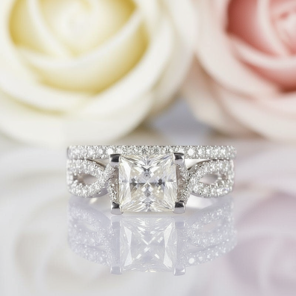 14K White Gold Twist Band 1ct Princess Cut Diamond Ring-Black Diamonds New York