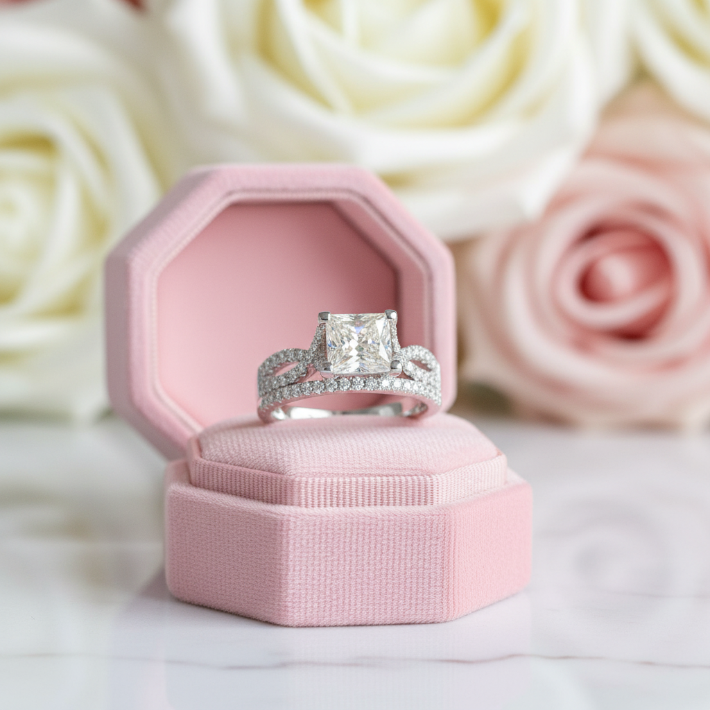 14K White Gold Twist Band 1ct Princess Cut Diamond Ring-Black Diamonds New York